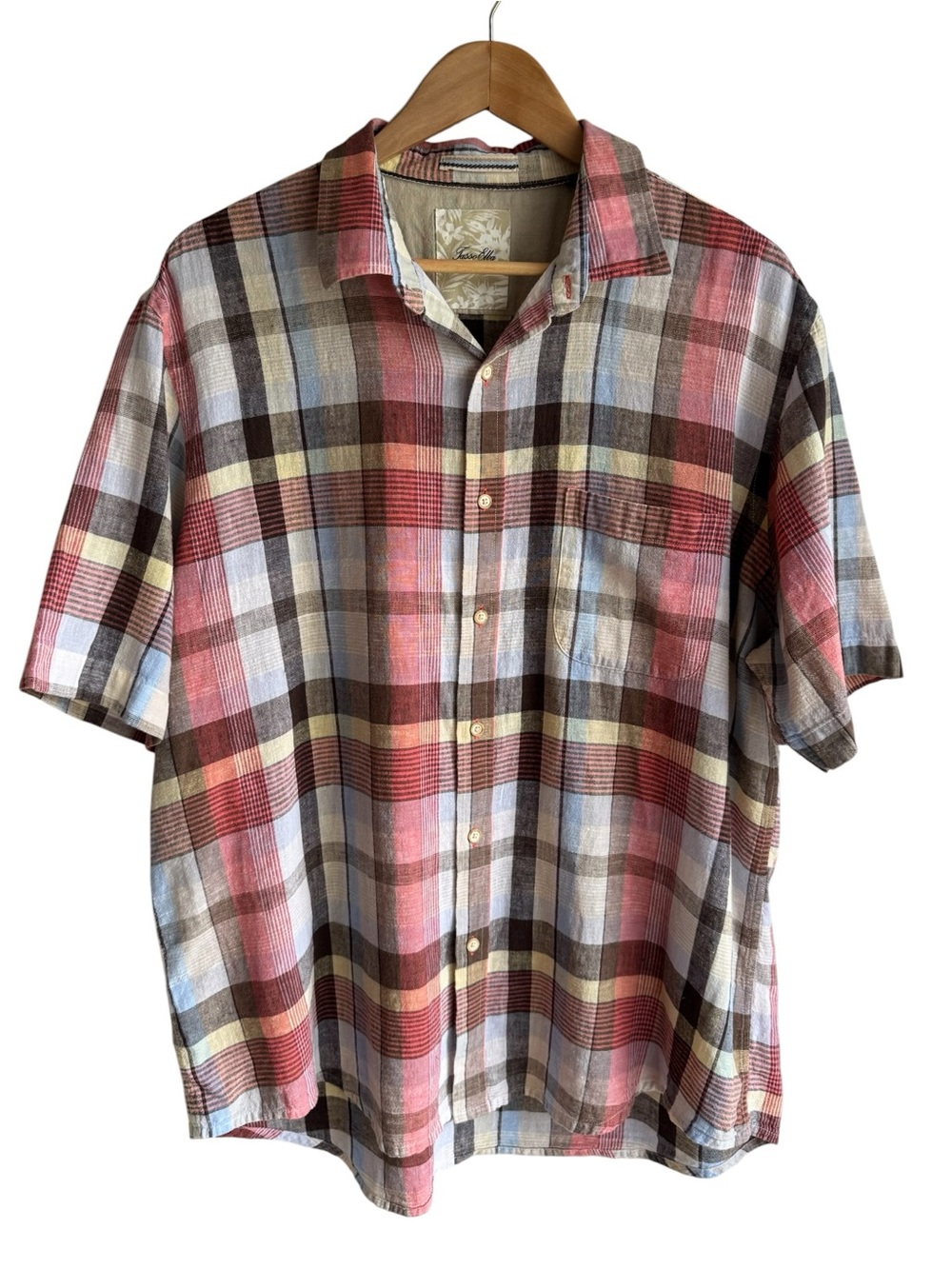 Tasso Elba Linen Blend Shirt Mens XL Plaid Short Sleeve Casual Button Down Beach